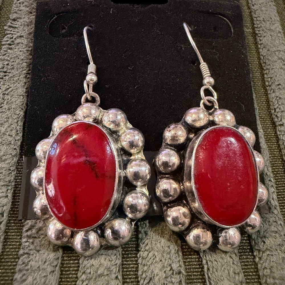 Vintage Mexico Red Stone Beaded‎ Sterling Silver Oval Drop Earrings Southwestern